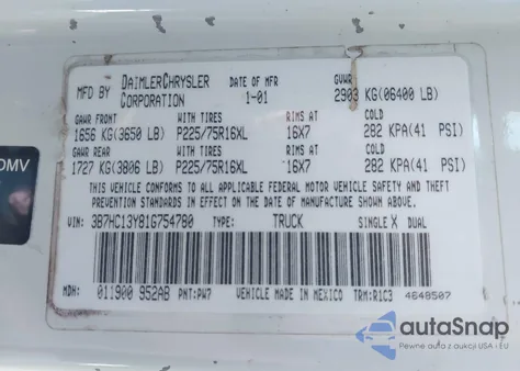 2001 Dodge Ram 1500 St z USA, uszkodzony, nr VIN 3B7HC13Y81G754780